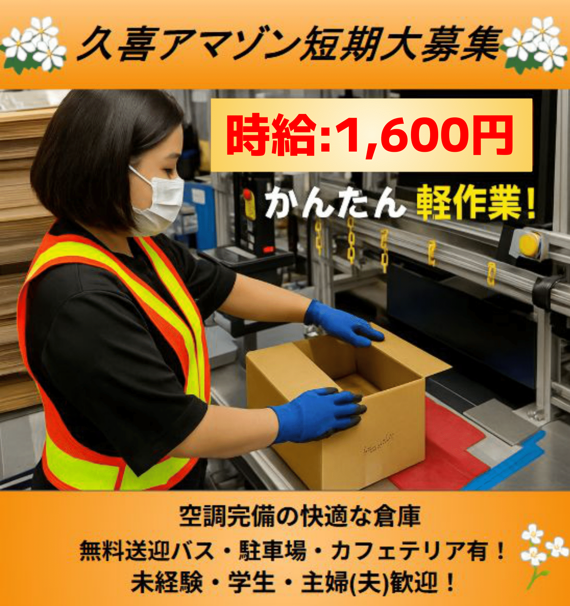 【H】《埼玉県久喜市》高時給１６００円！Amazon倉庫で日勤短期スタッフ募集！夜勤は時給２０００円♪　★8：00～17：00★